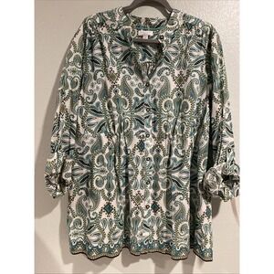 Nwt Women's 20W button up 3/4 Roll Tab Sleeve Blouse Teal Brown Paisley Gathered